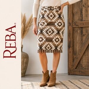 Reba Southwestern Midi Skirt Womens 12 Brown Aztec MFringe Woven Pencil Boho